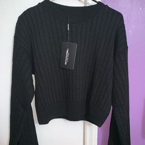 Black Ribbed Balloon Sleeve Cropped Sweater